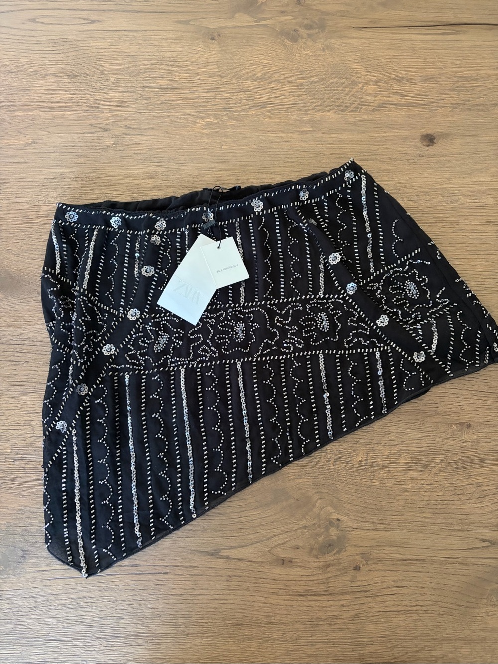 Zara Black Asymmetrical Beaded Mesh Skirt - Picture 2 of 5